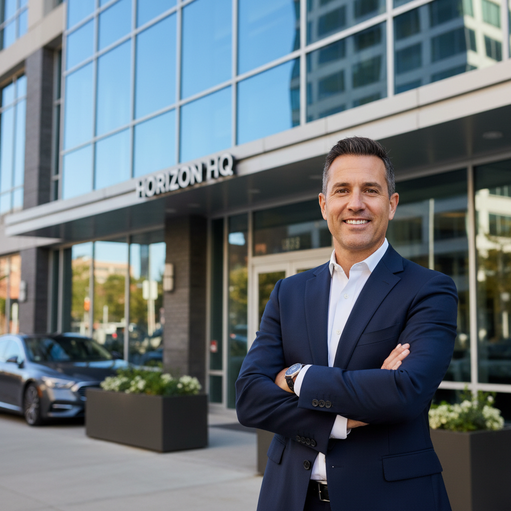 Business owner standing confidently outside their commercial premises — conveying business confidence and successful property ownership
