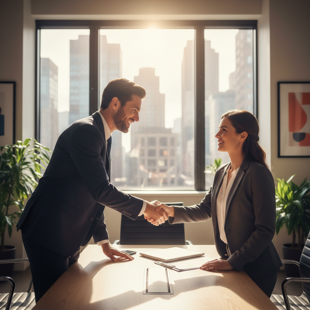 Two professionals shaking hands across a table — conveying successful dispute resolution and moving forward
