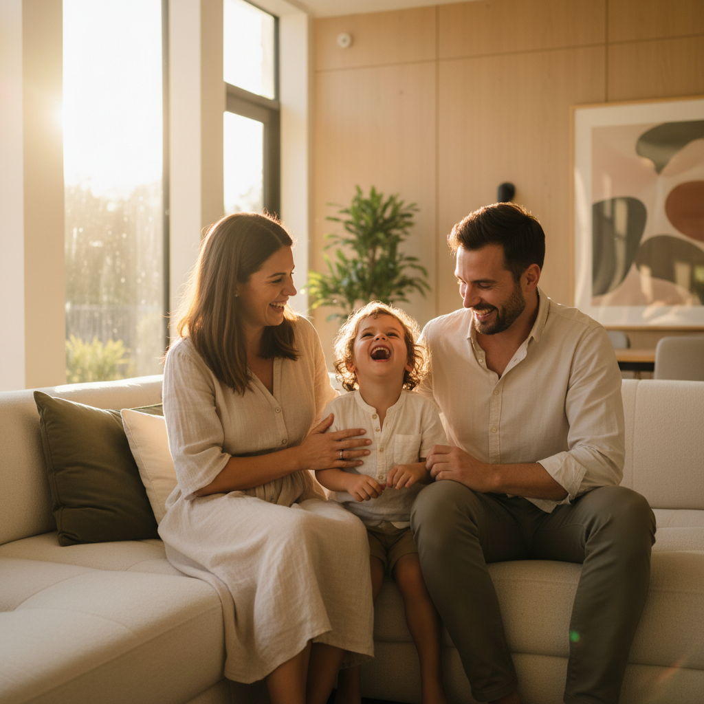 Happy family at home — conveying resolution and a fresh start after family law proceedings